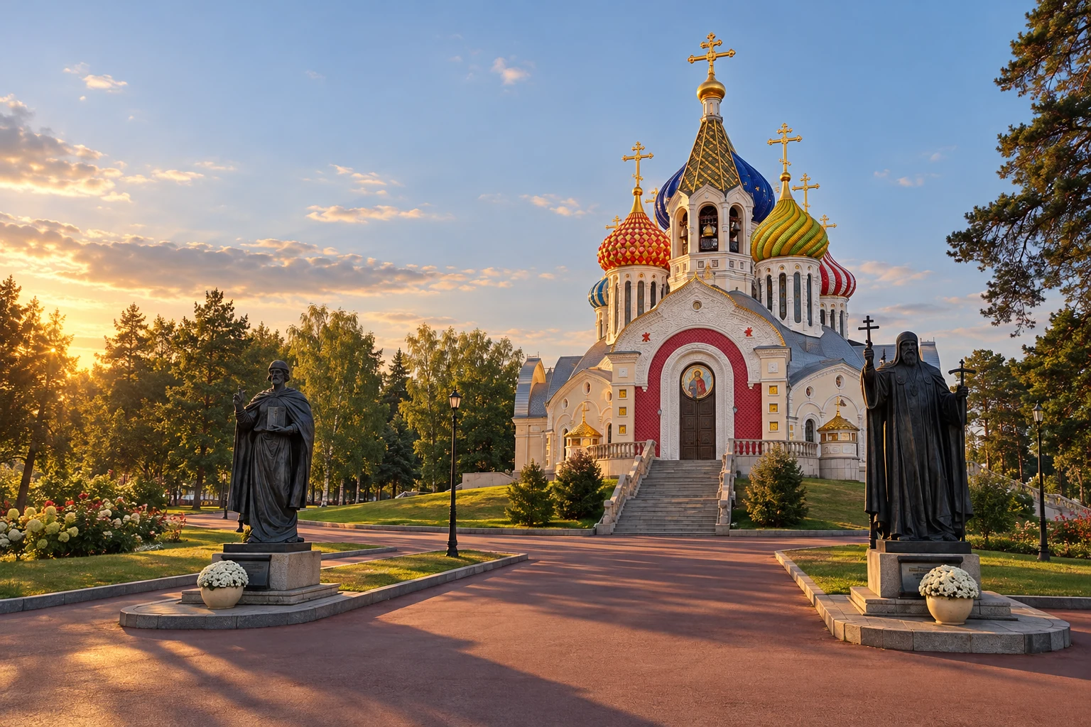 Собор и памятники в Переделкине в свете золотого часа